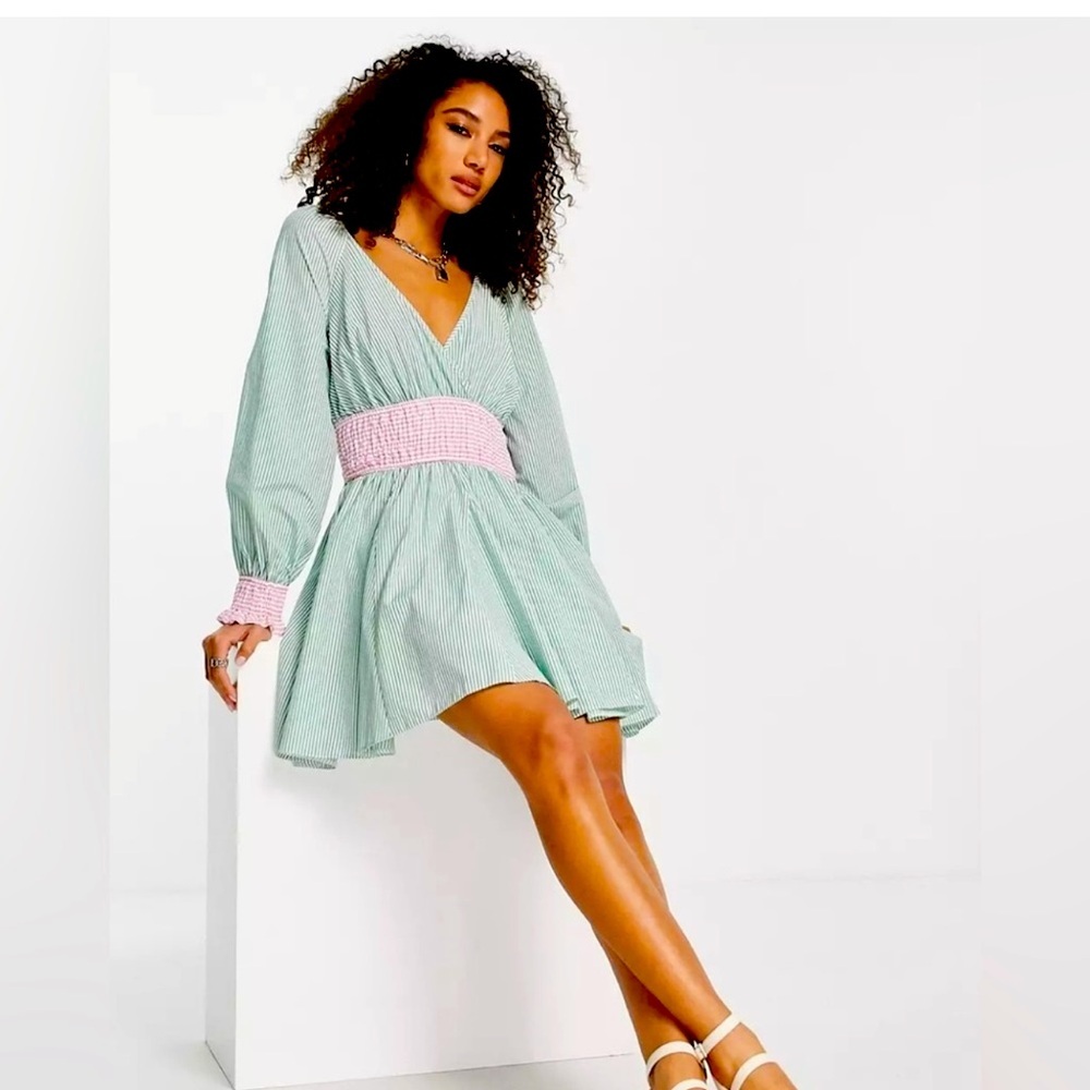 Top Shop Tall Dress 2 Green Stripes Pink Gingham Office Siren Feminine Mini